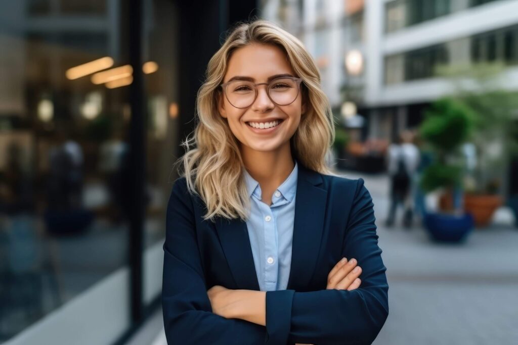 Woman in glasses and blazer smiling with arms folded